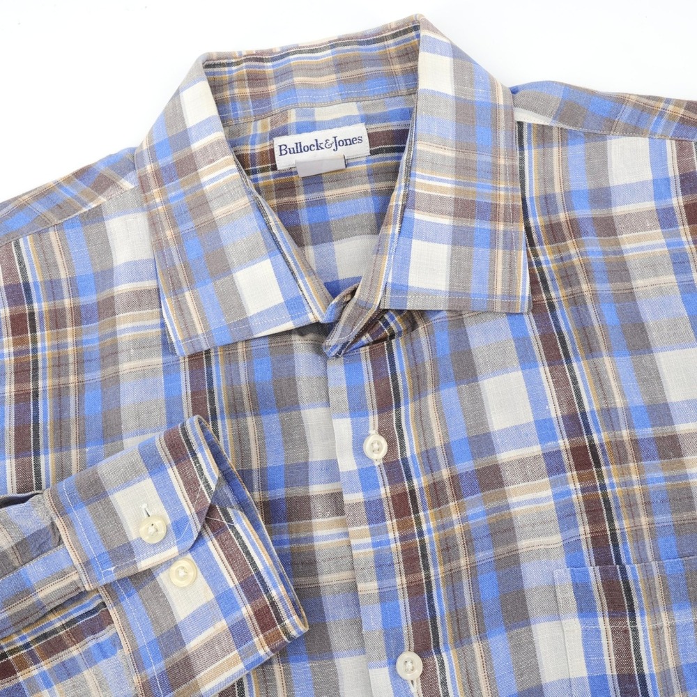 Bullock & Jones 100% Linen Button Up Long Sleeve Shirt Blue‎ Brown Plaid Mens XL